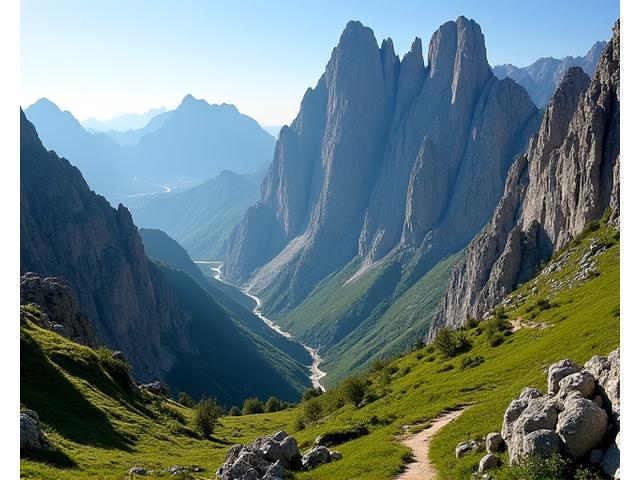 Impresionantes montañas de los Picos de Europa con vegetación exuberante y senderos.